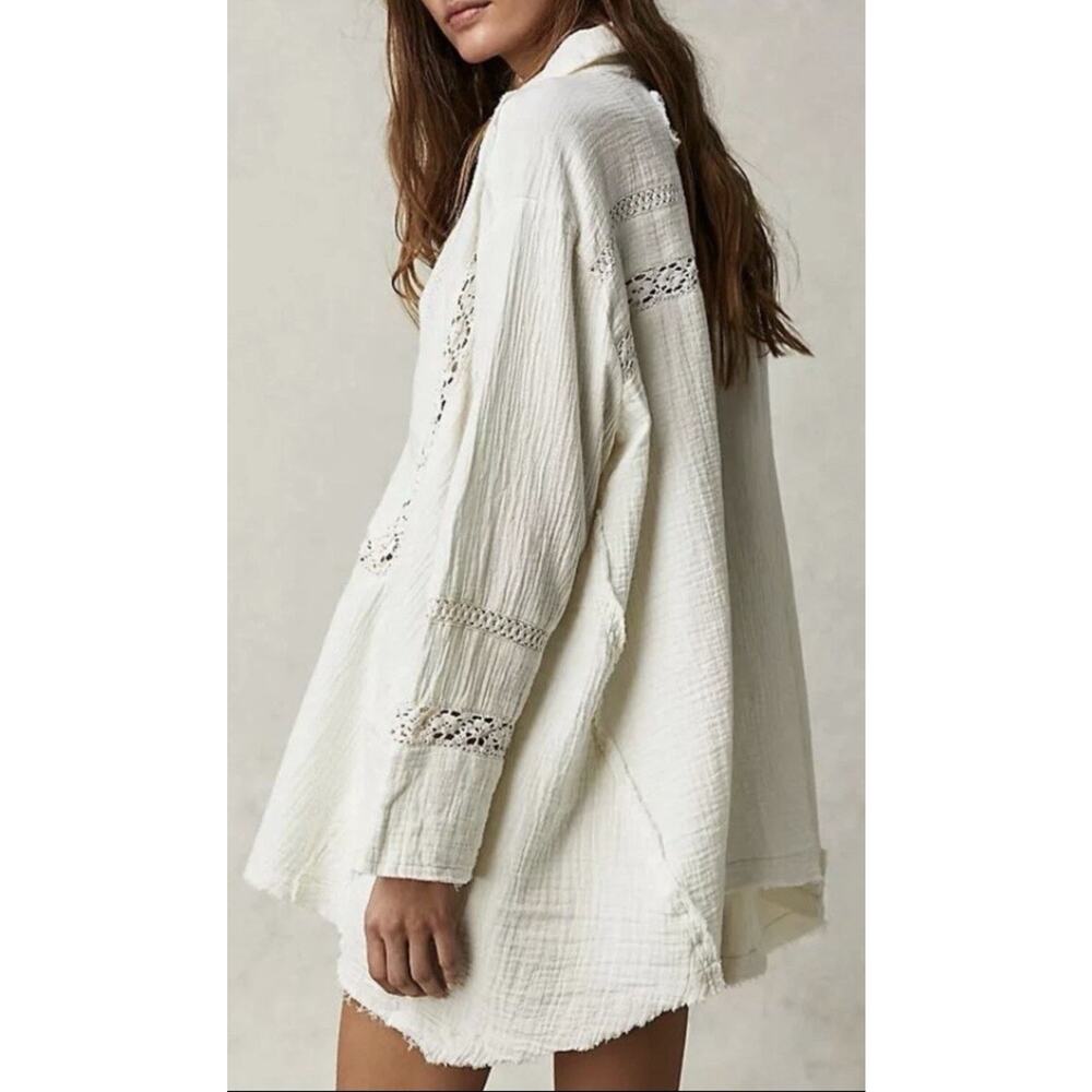 Free People Ranch Wash Shirt We The Free Button Lace Insert Oversize White M NWT - Picture 3 of 8